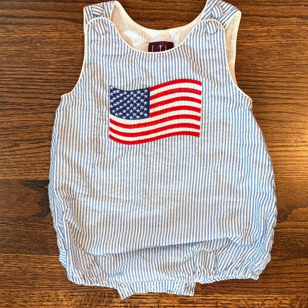Stars and Stripes Seersucker Bubble Romper with American Flag Applique